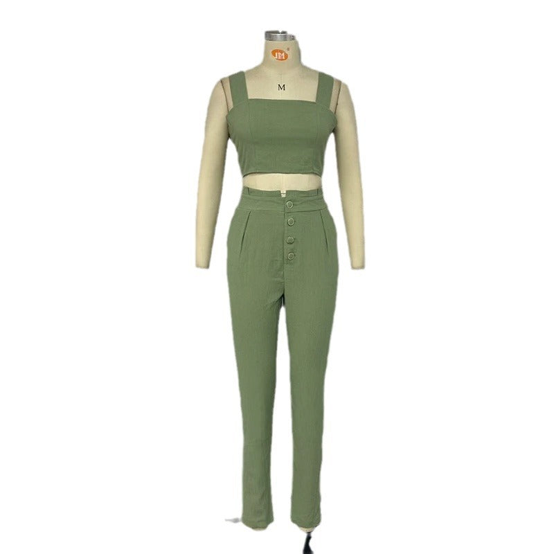Solid Color Short Crop-top Spaghetti-strap Top High Waist Trousers Two-piece Set