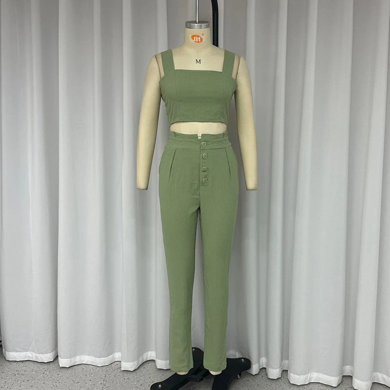 Solid Color Short Crop-top Spaghetti-strap Top High Waist Trousers Two-piece Set